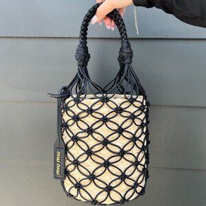 MIU MIU RAFFIA AND LEATHER NET BAG